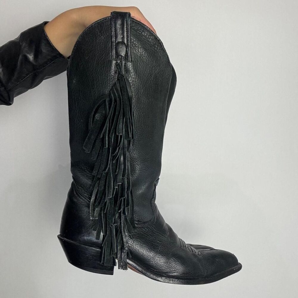 Code West black leather fringe cowboy boots with pointed toe and stacked heel